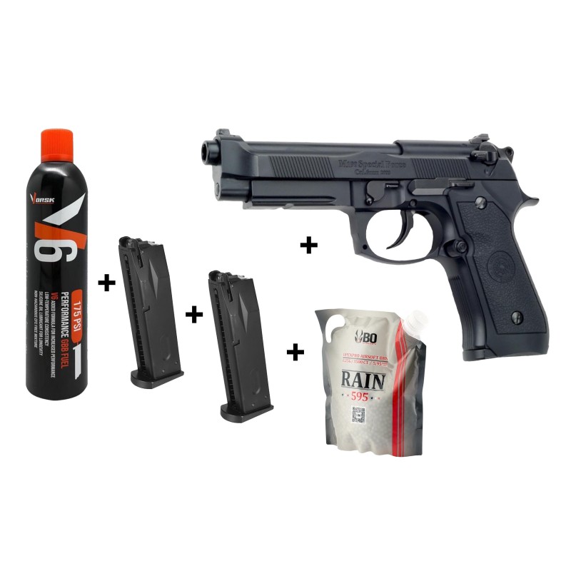 Pack pistolet GBB à gaz M92A1 0,8J + mallette + 2 chargeurs + gaz +