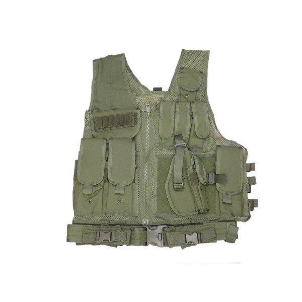 DMoniac Veste tactique Olive 8 poches holster + ceinturon 