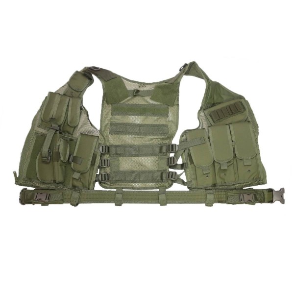 DMoniac Veste tactique Olive 8 poches holster + ceinturon 