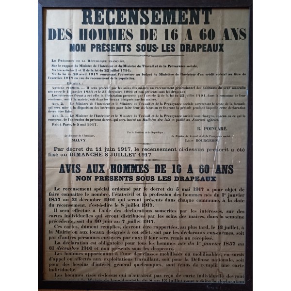 Affiche 1917 recensement des non présent sous les drapeaux