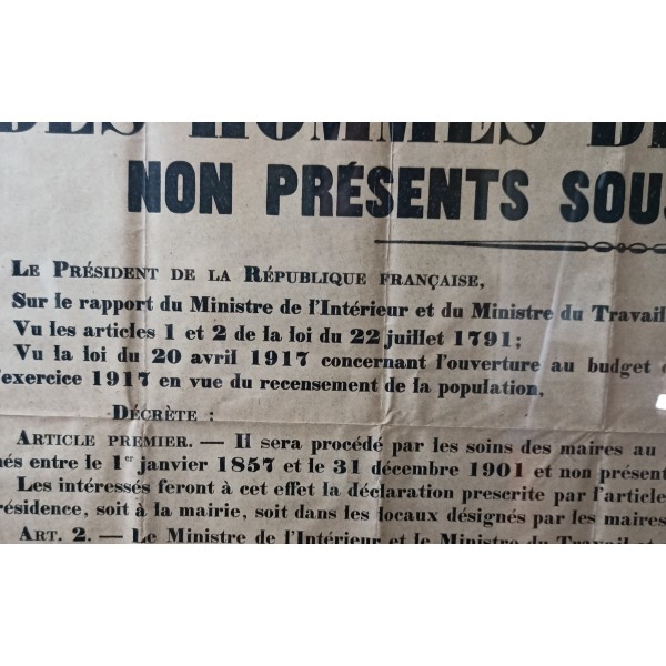Affiche 1917 recensement des non présent sous les drapeaux