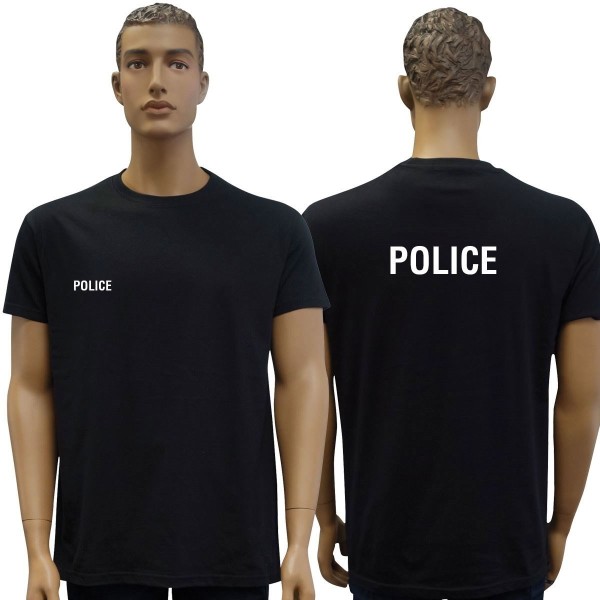 TEE SHIRT NOIR MANCHES COURTES IMPRIME POLICE 