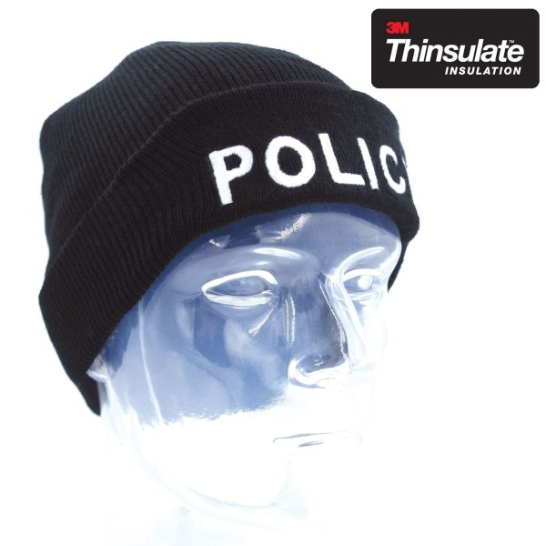 BONNET NOIR MAILLE THINSULATE BRODE POLICE 