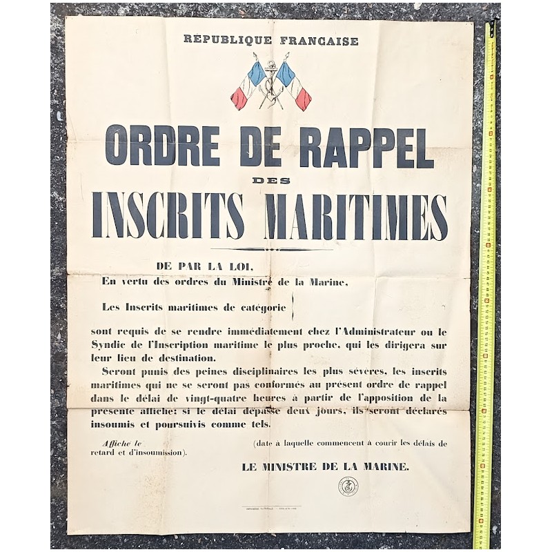 Grande affiche authentique Ordre de Rappel MARINE 1926