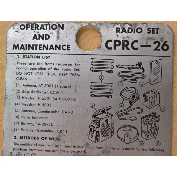 Plaque explicative mode d'emploi et maintenance poste radio CPRC-26 Canada