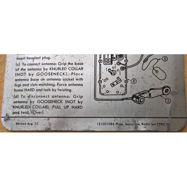 Plaque explicative mode d'emploi et maintenance poste radio CPRC-26 Canada