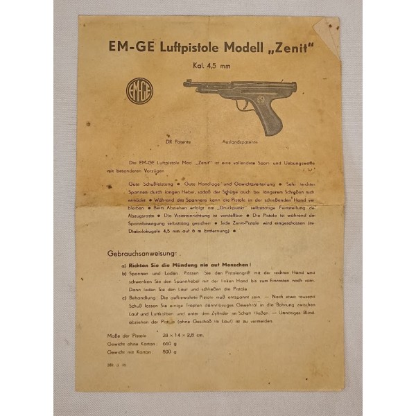 Pistolet à plomb Allemand EM-GE model Zénit 4.5mm 1938