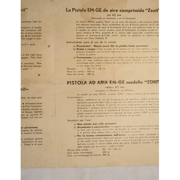 Pistolet à plomb Allemand EM-GE model Zénit 4.5mm 1938