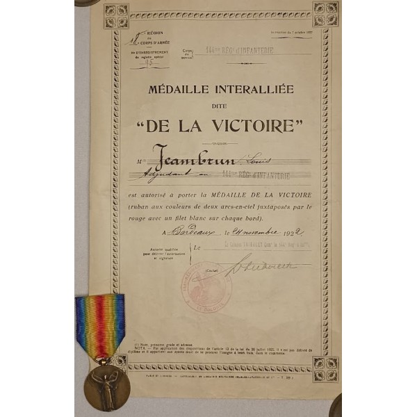 Souvenir Poilu du 144ème Régiment d'Infanterie guerre 14/18 campagne Maroc