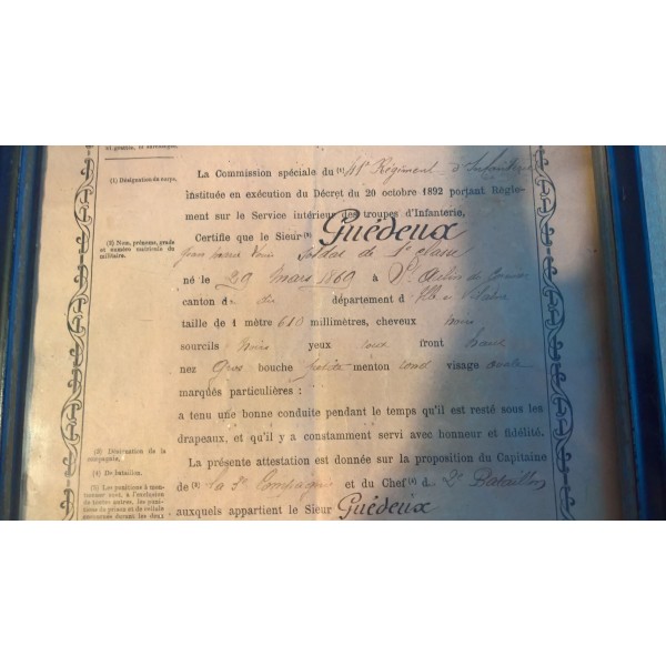 Cadre souvenir 41ème Régiment d'infanterie Certificat de bonne conduite