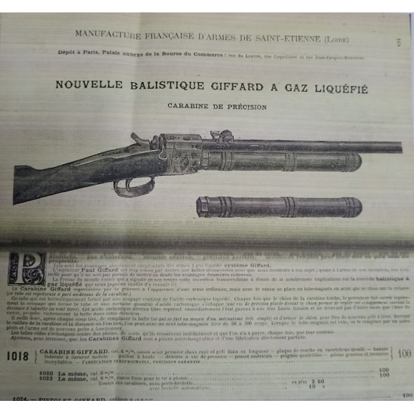 RARE Carabine 6mm GIFFARD gaz liquéfié XIXème