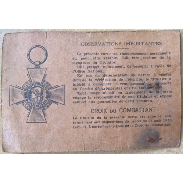 Carte du Combattant WW1 14-18