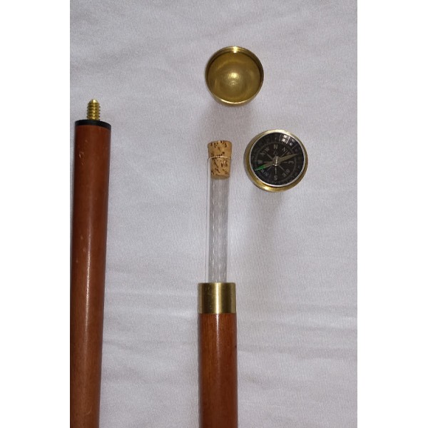 Canne de marche fiole et boussole vintage