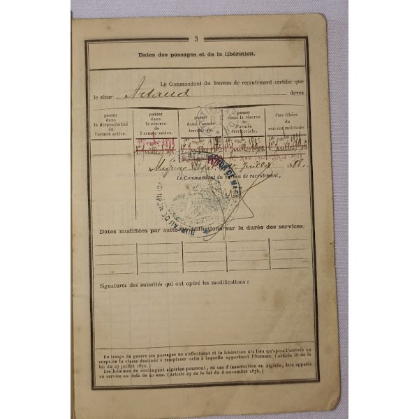 Livret militaire soldat Service Auxiliaire Classe 1885 107ème Infanterie Angoulême