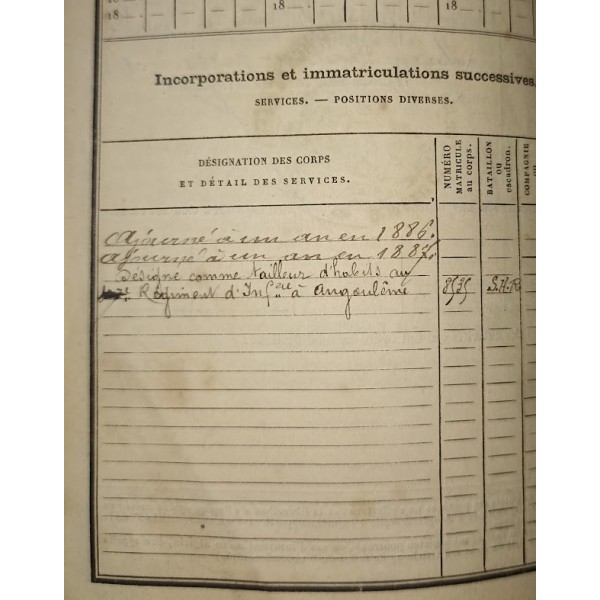 Livret militaire soldat Service Auxiliaire Classe 1885 107ème Infanterie Angoulême