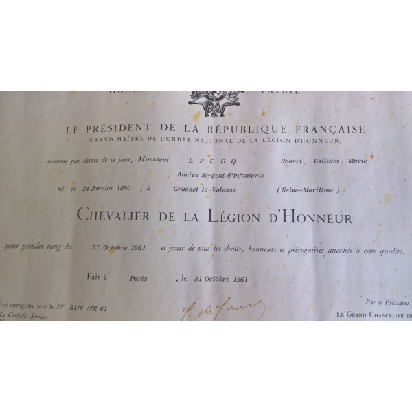 Diplôme Chevalier de La Légion d'honneur