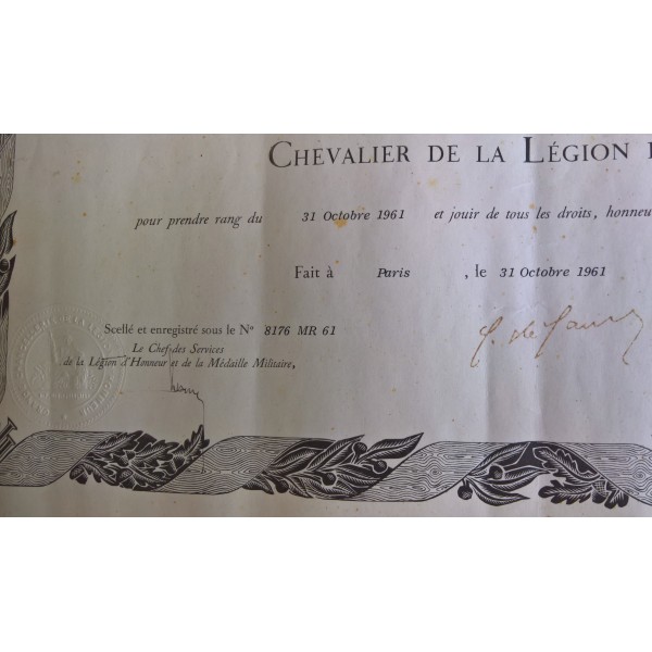 Diplôme Chevalier de La Légion d'honneur